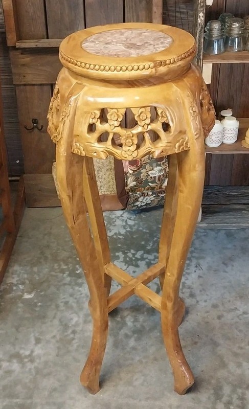 2 Mid Century Chinoiserie Carved Wood Marble Top Plant Stand Pedestal Tables