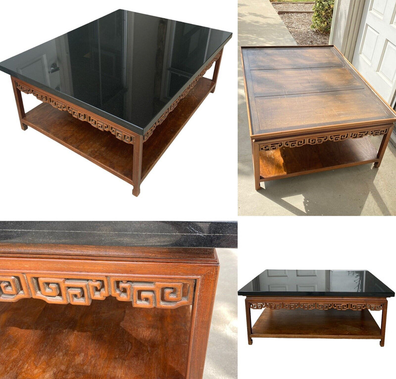 Large Coffee Table Baroque Carved Rose Wood / Black Marble Top 47 X 39 X 19 Inch