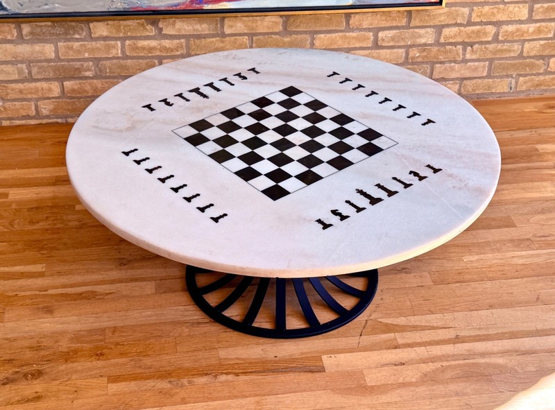 Italian Pietra Dura Inlay Marble Chess Board Tulip Coffee Game Table Vtg Mcm Old gallery