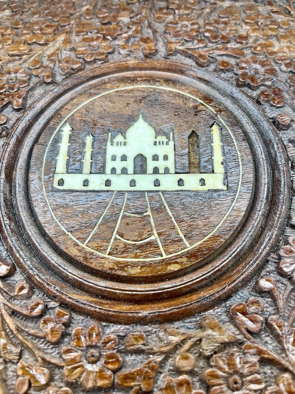 Rare Vintage India Tan Mahal Hand Carved Wood Foldable Table Ornate Inlay 13" gallery