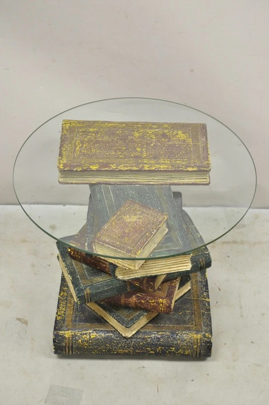 Vintage Regency Style Figural Faux Stacked Book Form Round Glass Top Side Table gallery