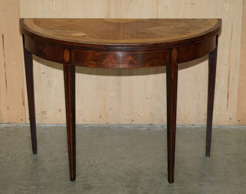 ORIGINAL DISTRESSED ANTIQUE GEORGIAN SHERATON DEMI LUNE CARVED TABLE LEATHER TOP gallery