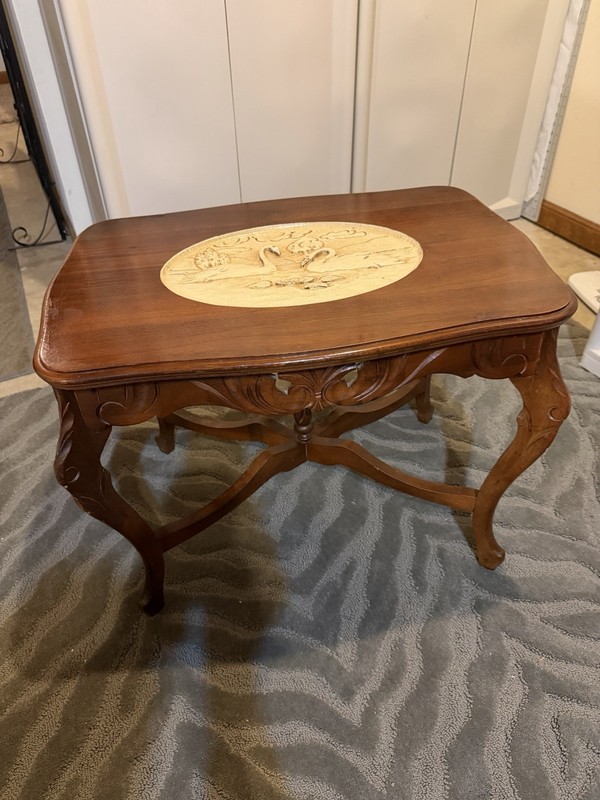 Antique Victorian Accent Table Swan Carving Glass Top Ornate Carved Legs gallery