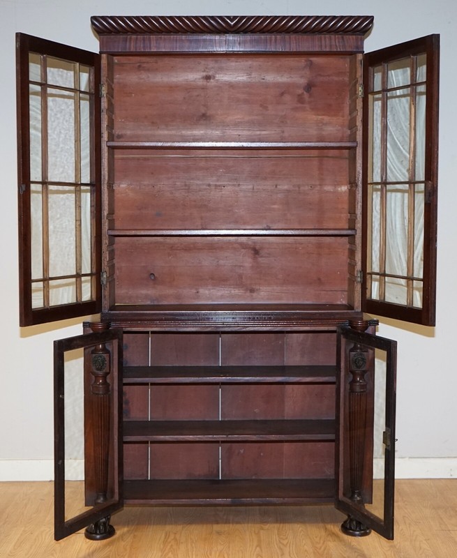 VICTORIAN MAHOGANY BOOKCASE WITH LION MASK CLAW FEET GLAZED DOORS gallery