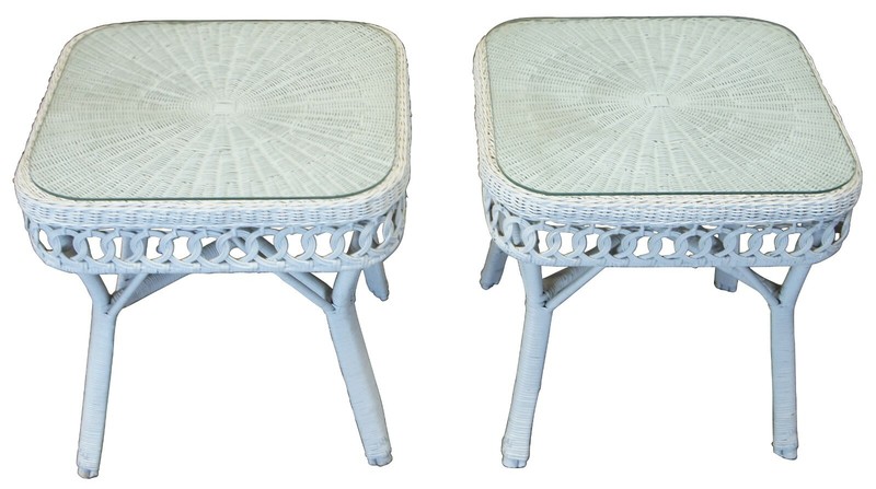 2 Vintage White Wicker Bamboo Rattan Square Side Accent Tables Boho Chic 22" gallery