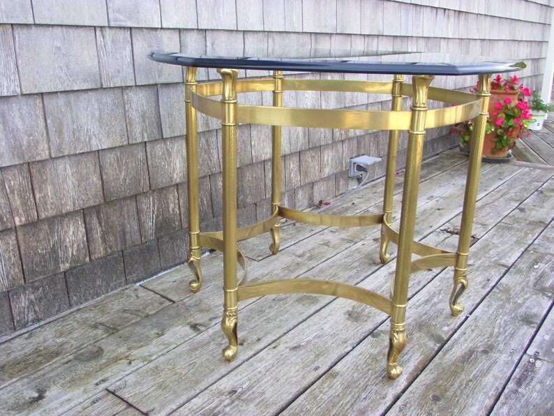 Hollywood Regency Labarge Queen Anne Hexagon Brass Glass Side End Table H1 gallery