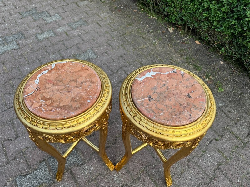 Side Tables Pair French Louis XVI Gold Gilt with Pink Marble Tops Vintage gallery