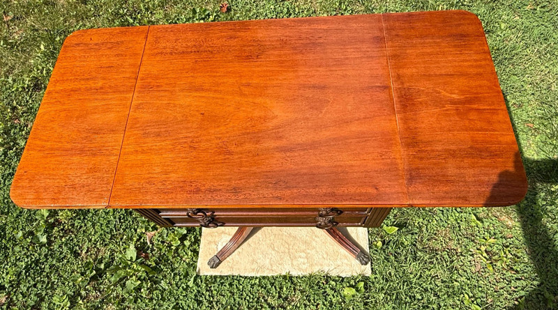 Antique Mahogany Drop Leaf Lyre Table with Drawers & Brass Lion Head Pulls gallery