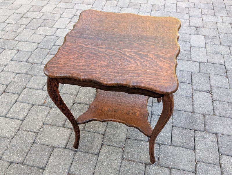 Antique Quarter Sawn Tiger Oak Parlor Table, Curved Legs, Carved Edges gallery