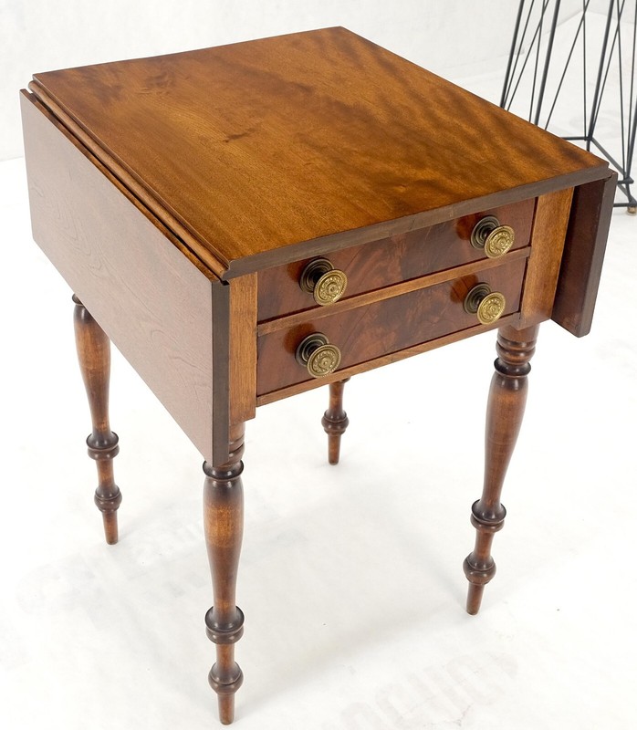 Antique c1900s Fine Turned Leg Brass Pull Flame Mahogany Drop Leafs Side Table gallery