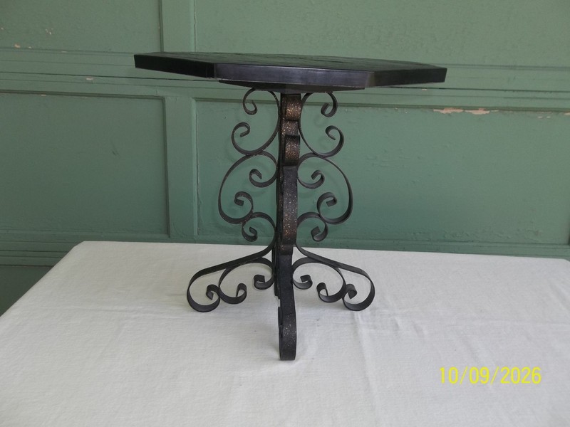 Vintage Octagon Slate Top Side Table w/ Gothic Scroll Wrought Iron Legs 15 1/2"