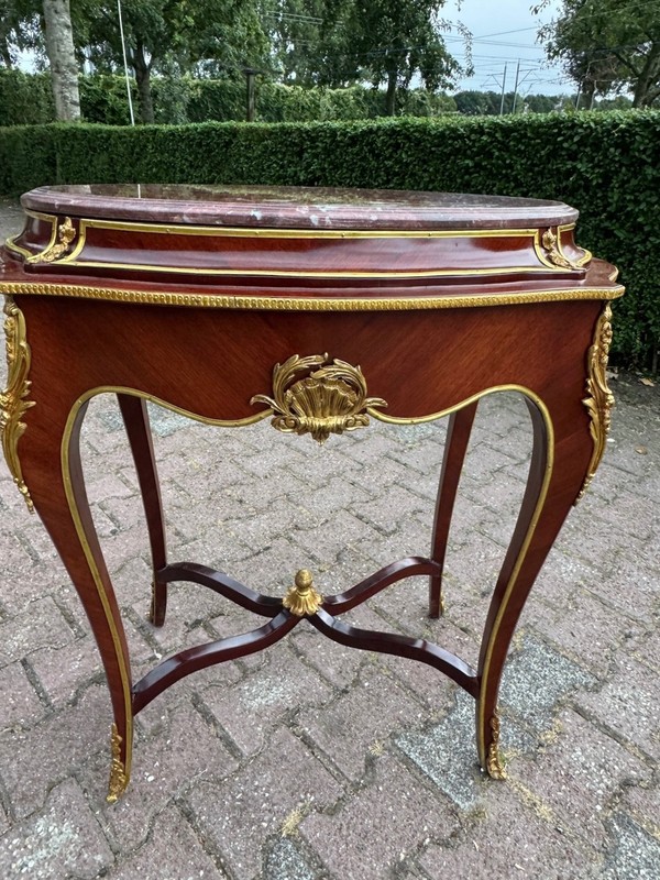 Side Table 1910 French Louis XVI Mahogany Bronze Pink Marble Top gallery