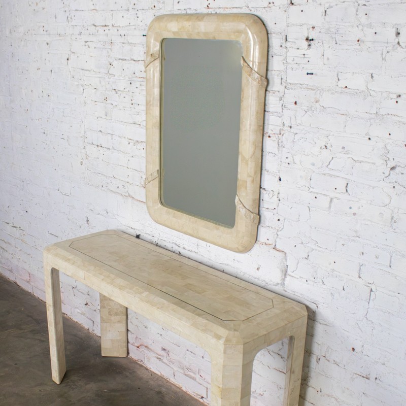 Modern Tessellated Travertine Console or Sofa Table & Wall Mirror Set Philippine gallery