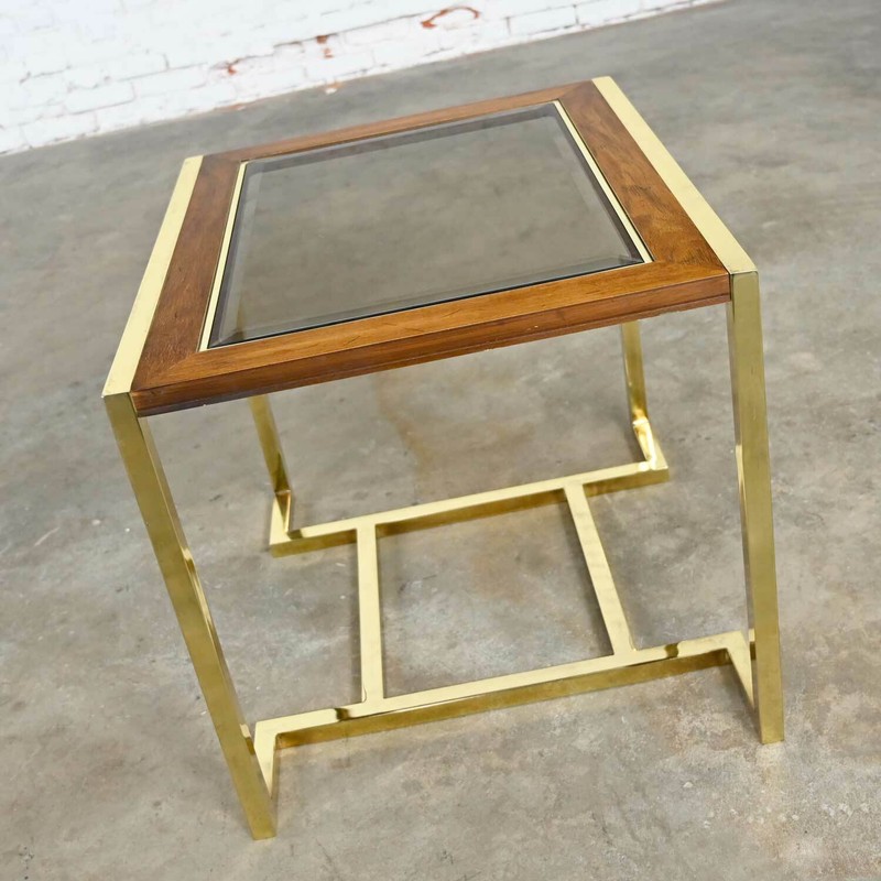 Brass Plated Wood & Glass End Table by Thomasville Furn Style Milo Baughman gallery