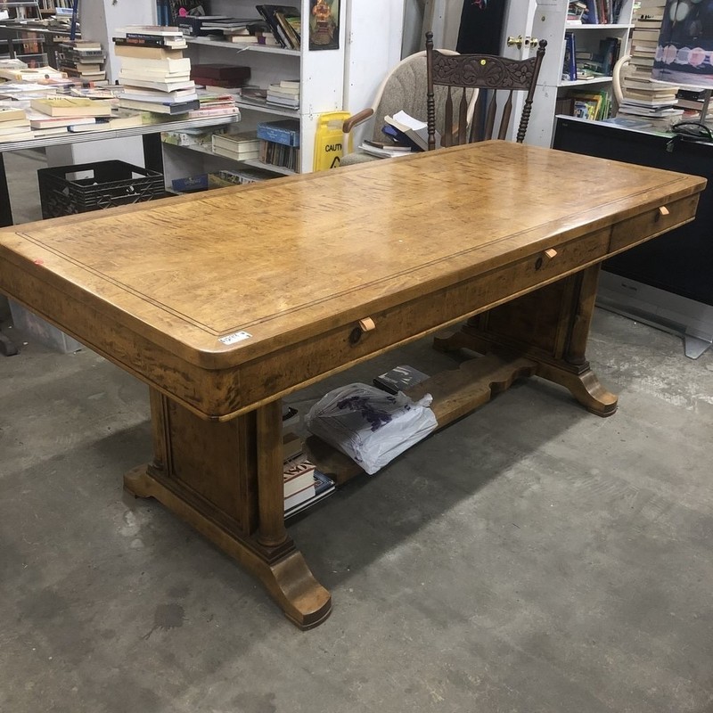 Vintage Tiger Maple Trestle Style Library Console Table