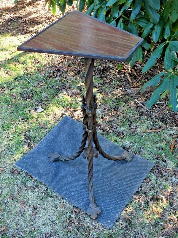 Victorian Antique Bronze Table Stand Pedestal w Trapezoid Top Spiral Twist Legs