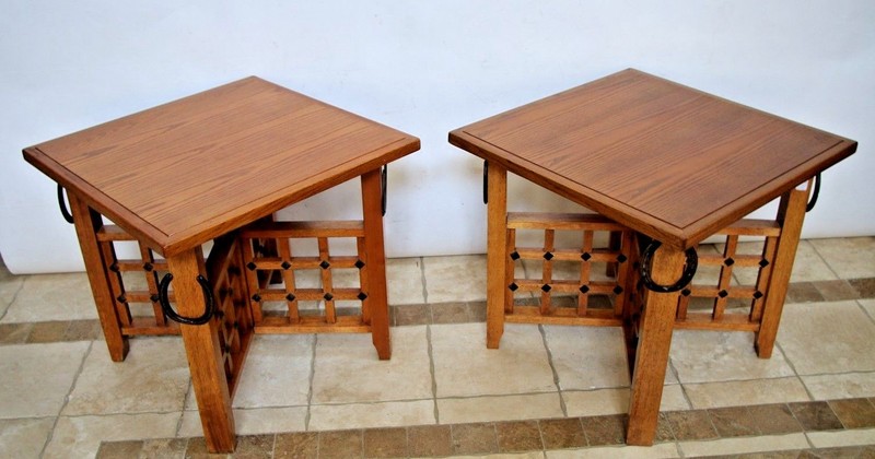 Rustic Western Retro Pair Oak Veneer End Tables Night Stands Horse shoe theme gallery