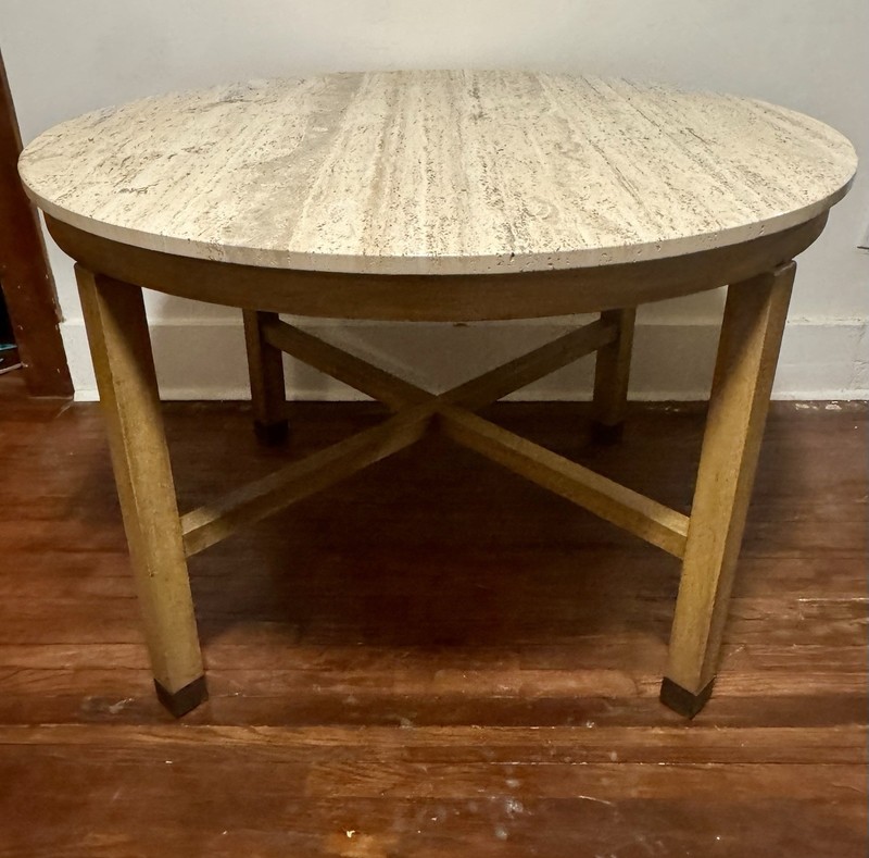 Vintage Mid Century Dunbar Style Oak And Travertine X Base Game Table