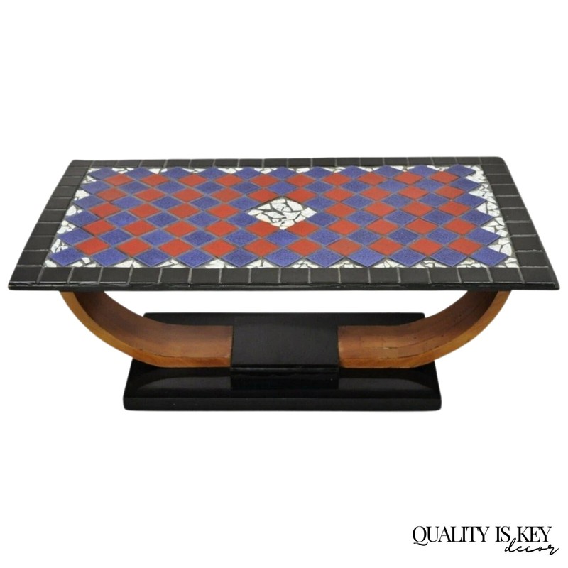 Vintage Art Deco Blue and Red Mosaic Tile Top Arch Base Coffee Table