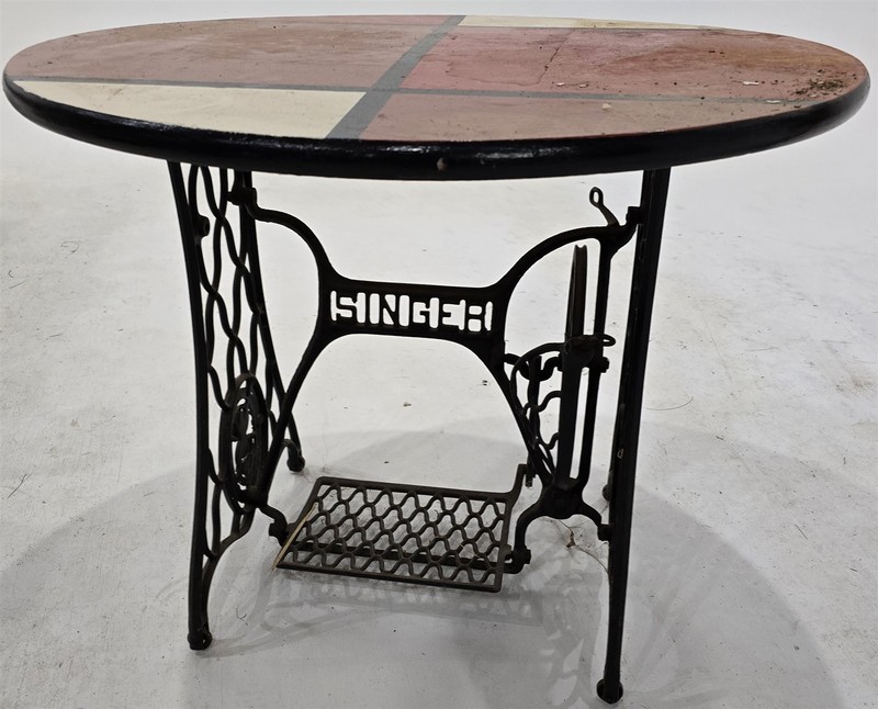 Vintage Cafe Dining Kitchen Round Table on Cast Iron Singer Treadle Base Awesome
