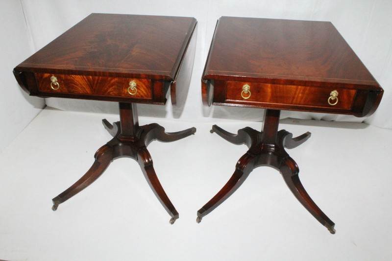 Pair of Inlaid English Regency Crotch Mahogany Drop Leaf Tables, Circa 1920’s
