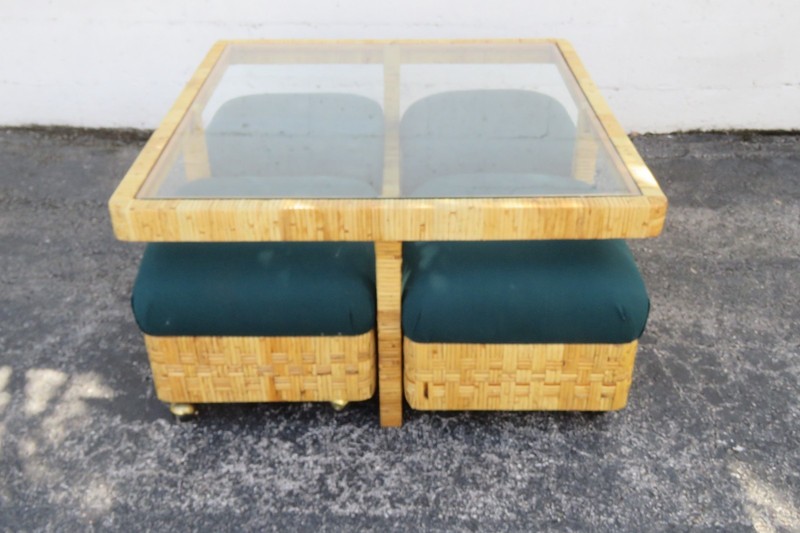Dimpos Hollywood Regency Bamboo Glass Top Coffee Table and 4 Nesting Stools 6116