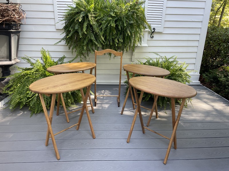 VTG 4 OAK WOOD OVAL FOLDING TV TRAY TABLE RACK STAND SET USE END SIDE NIGHTSTAND gallery