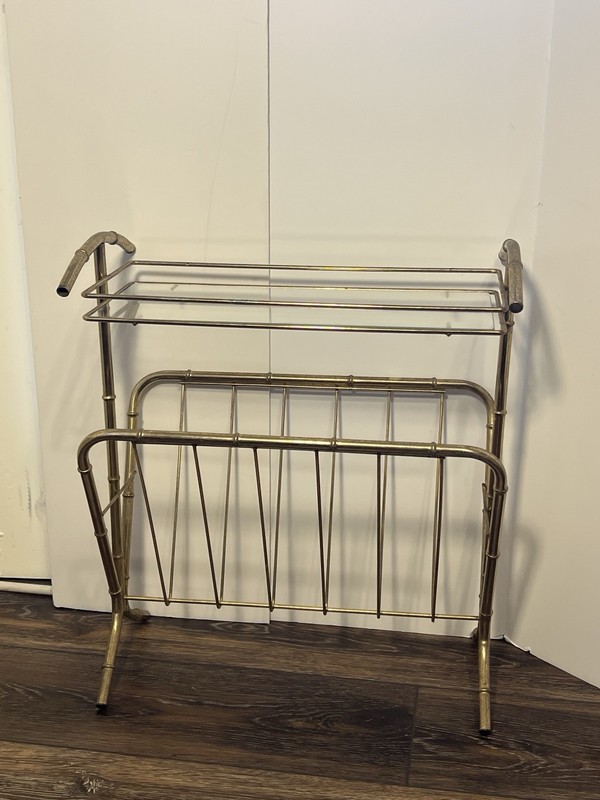 VTG MCM Faux Bamboo Hollywood Regency Brass Glass Top Side Table & Magazine Rack gallery