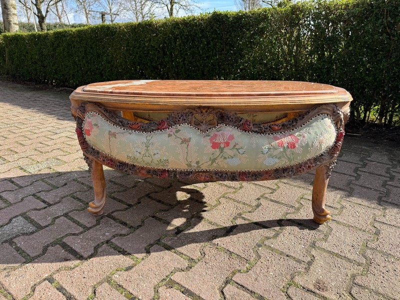 Coffee Table French Louis XVI 1950 Mahogany Marble Floral Damask Salon Table
