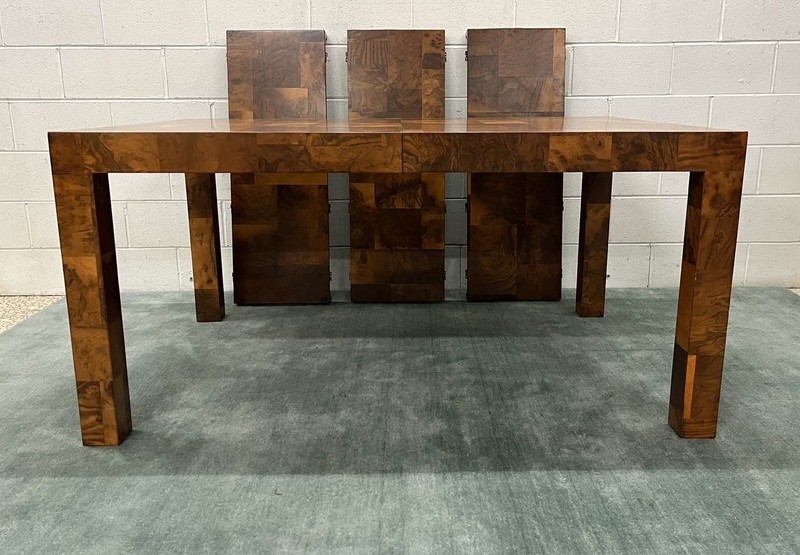 Paul Evans Mid-Century 105" Patchwork Burlwood Veneer Dining Table; 3 Leaves gallery