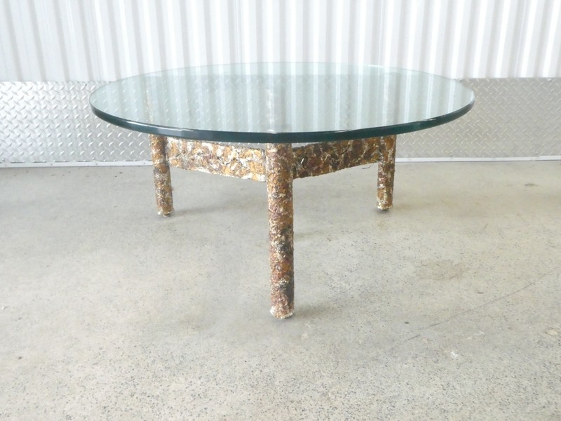 1970’S BRUTALIST BRONZE COPPER AND ZINC THREE LEGGED COFFEE TABLE