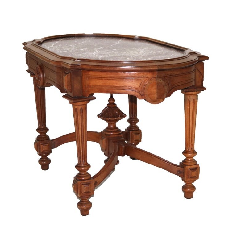 Antique Renaissance Revival Walnut Rouge Marble Parlor Table & Picture Frame Top gallery