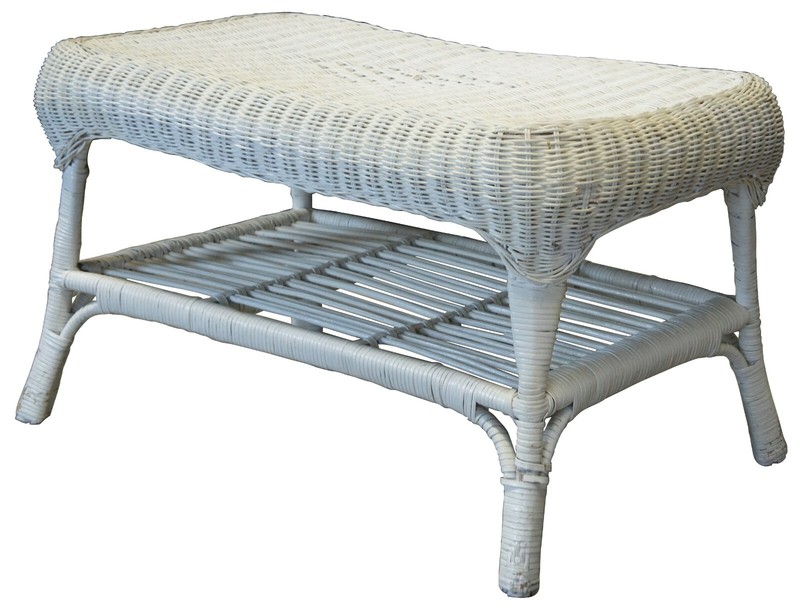 Vintage White Wicker Bamboo Rattan Two Tier Coffee Cocktail Table Boho Chic 34" gallery