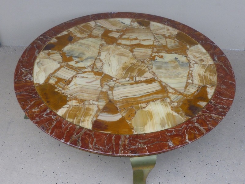 SPECTACULAR MULLER BROTHERS ONYX & ALABASTER COFFEE TABLE W CURVED BRASS LEGS gallery