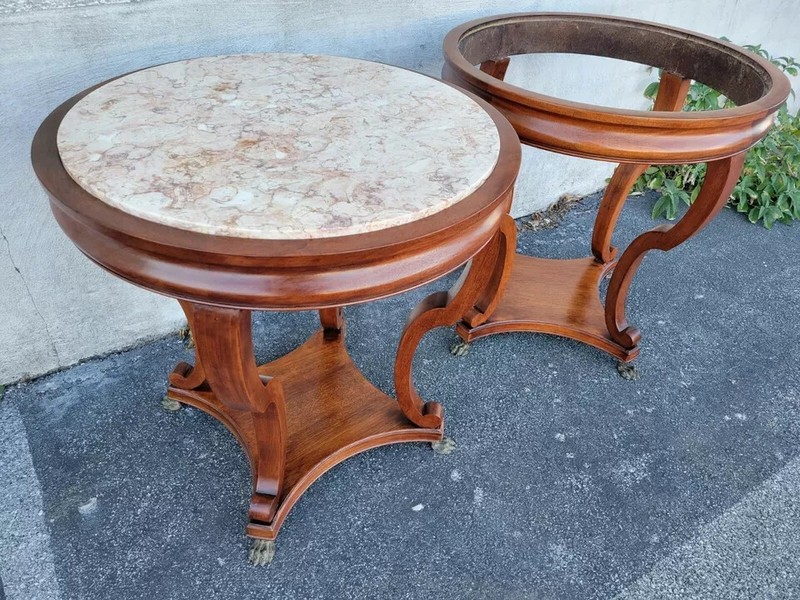 PAIR ANTIQUE ENGLISH REGENCY MAHOGANY ROUND PINK MARBLE SOFA TABLE W BRASS FEET gallery