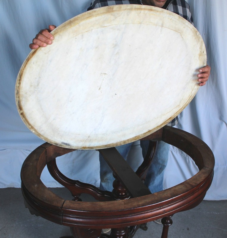 Antique Victorian Marble top Walnut Table – Oval shaped gallery