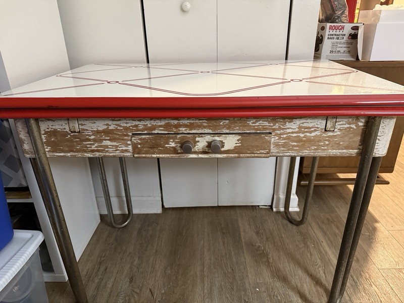 Vintage Porcelain Enamel Red And White Table With Retractable Wings gallery