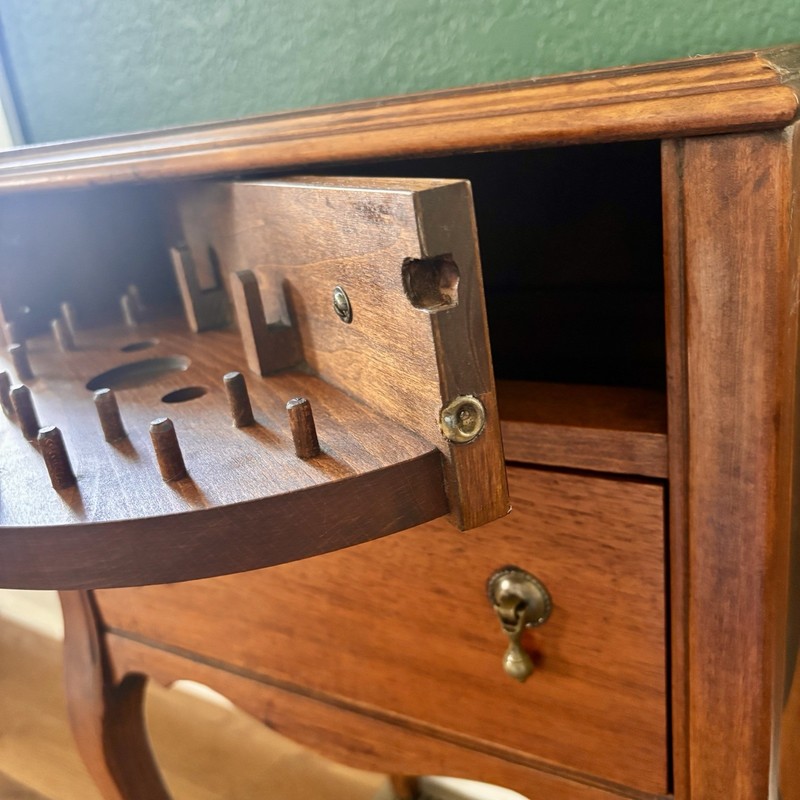 Vintage Antique Scalloped Queen Anne Wood Sewing Storage Side Table Brass Pulls gallery
