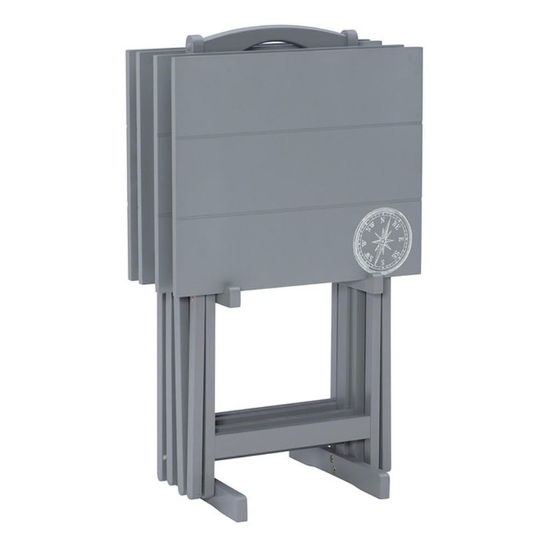Maklaine 5 Piece Tray Table Set Planked Top with Compass Design in Gray Wood gallery