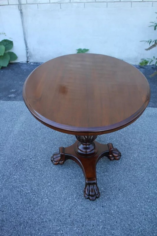 Antique Empire Style Walnut Round Center Table with Claw Feet, Elegant Pedestal gallery