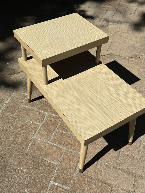 MCM TWO TIER BLONDE SIDE TABLE STEP DESIGN LAMINATED WOOD 28″ x 22″ x 15.5″