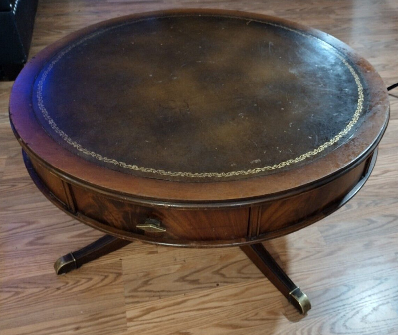 Antique Inlaid Leather Top Double Drawer Mahogany Drum Center Coffee Table VTG gallery