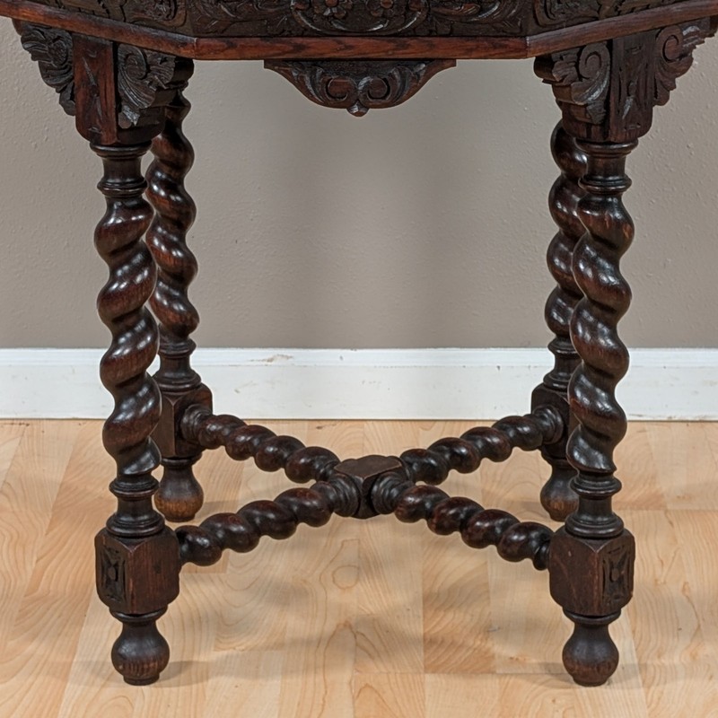Antique French Octagonal Side Table Barley Twist Legs Hand Carved Dark Oak gallery