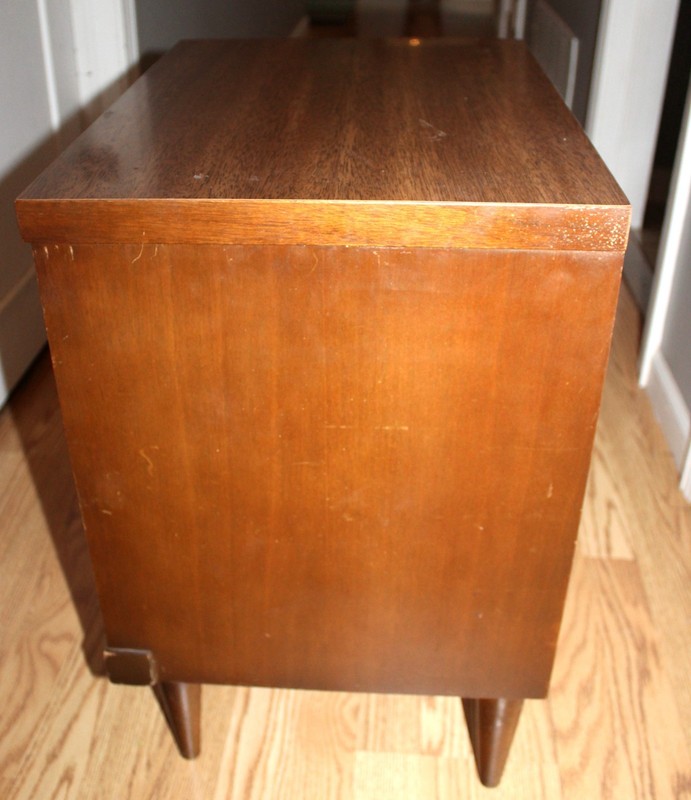 VINTAGE MCM HEAVY WOOD END BEDSIDE TABLE NIGHTSTAND 2 DRAWER LINEAR 22 3/4 X 19" gallery
