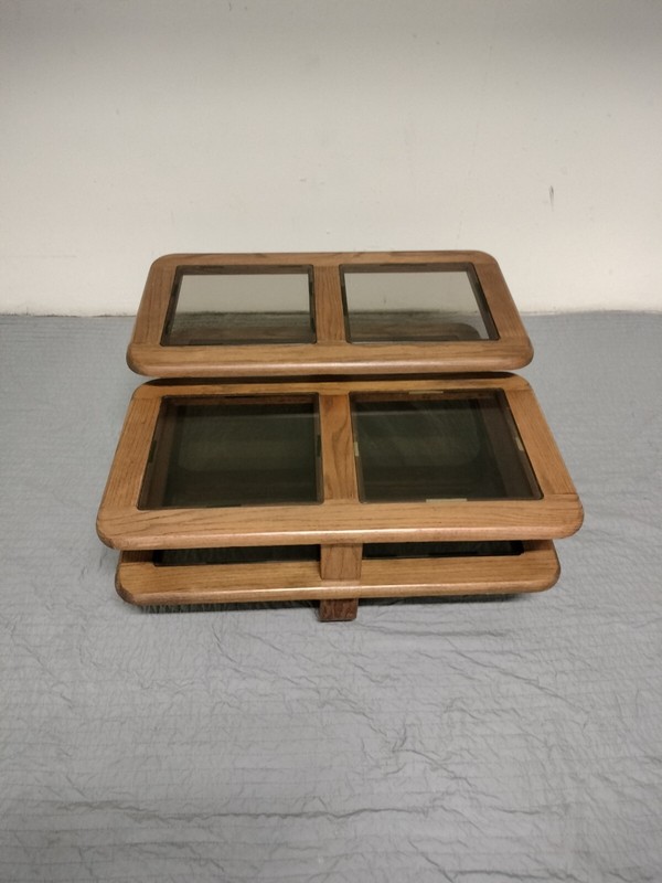1980’s Oak Swivel Glass Coffee Table Three Tiered Surfaces To Set Your Items On.