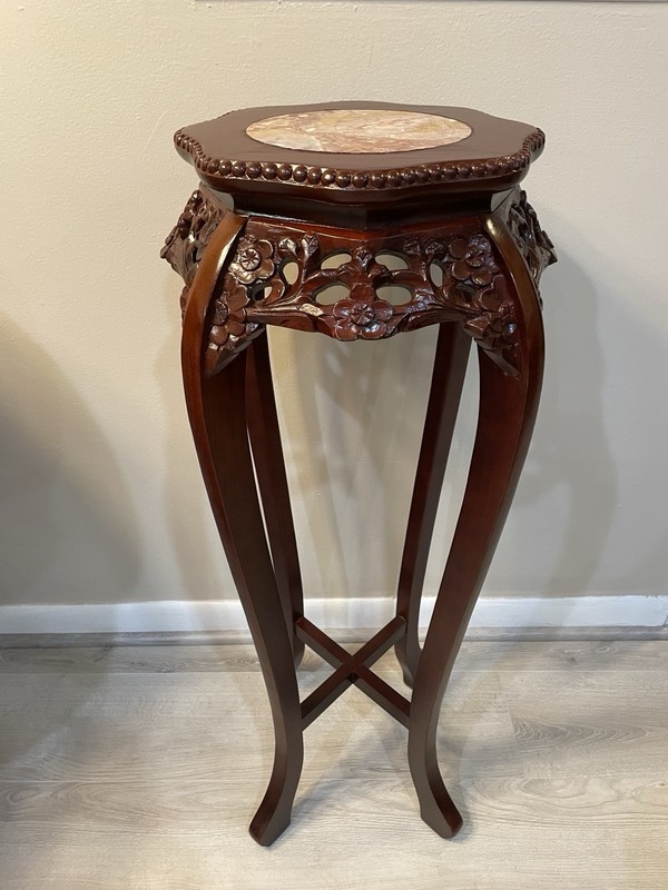 VTG Mid Century Chinoiserie Carved Wood Marble Top Plant Stand Pedestal Table gallery