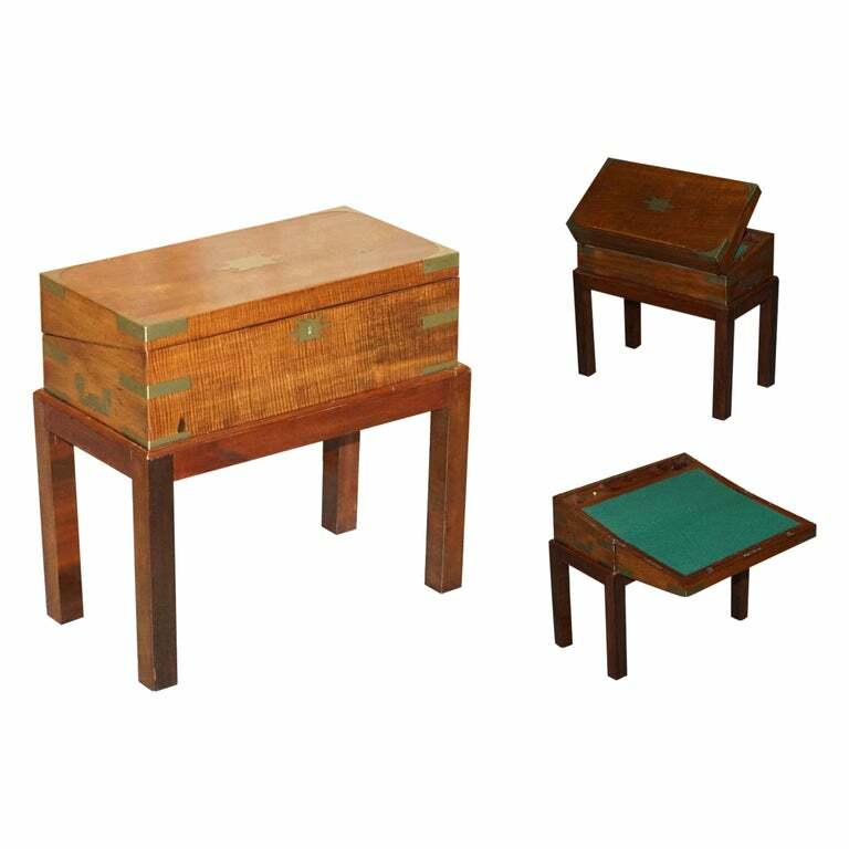 EXQUISITE VICTORIAN MAHOGANY MILITARY CAMPAIGN WRITING SLOPE DESK & LATER STAND