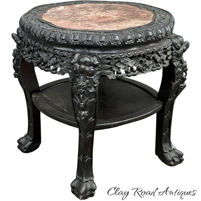 Antique Chinese rosewood & rose marble top plant stand table Victorian gallery