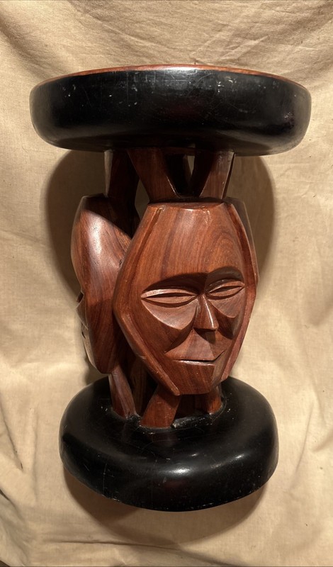 Vintage PLANT STAND / End Table-STOOL 1 Solid Wood Piece Hand Carved Faces Masks gallery