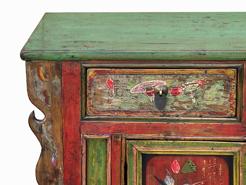 Chinese Distressed Red Green Flower Sideboard Credenza Cabinet cs7825 gallery